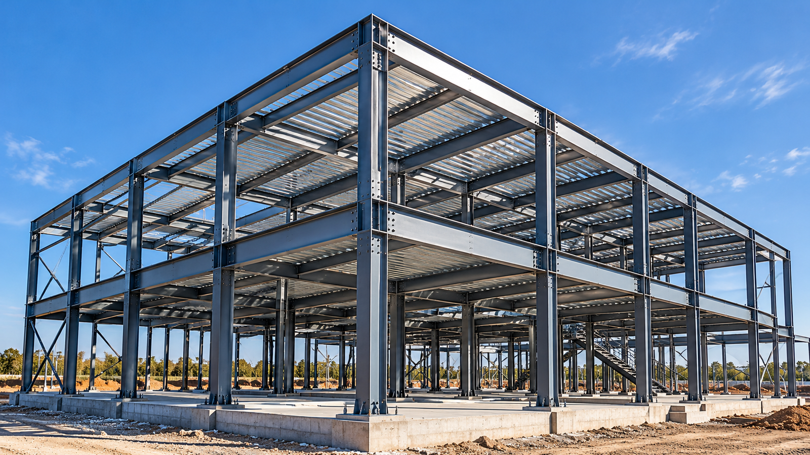 Steel frame construction under blue skies